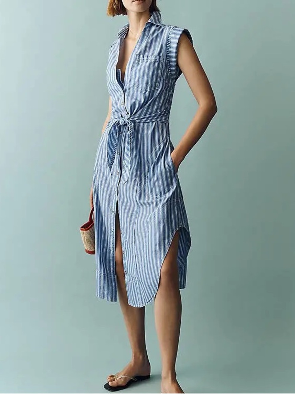 Anthropologie Pilcro Striped Sleeveless Wrap Shirt Dress Button Down XS Blue
